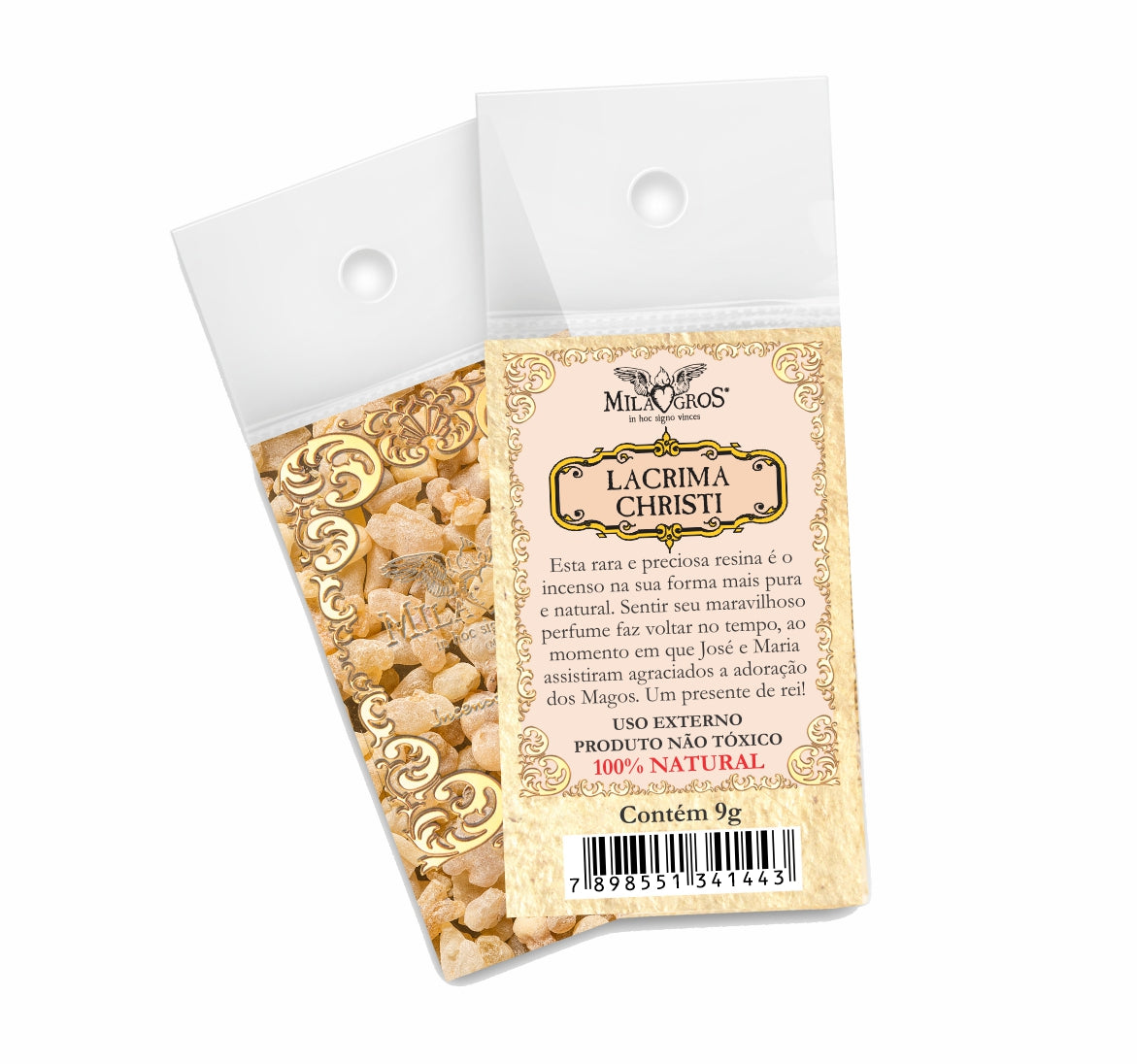 9g sachet of Milagros Olibanum Lacrima Christi resin incense, shown front and back with devotional label.