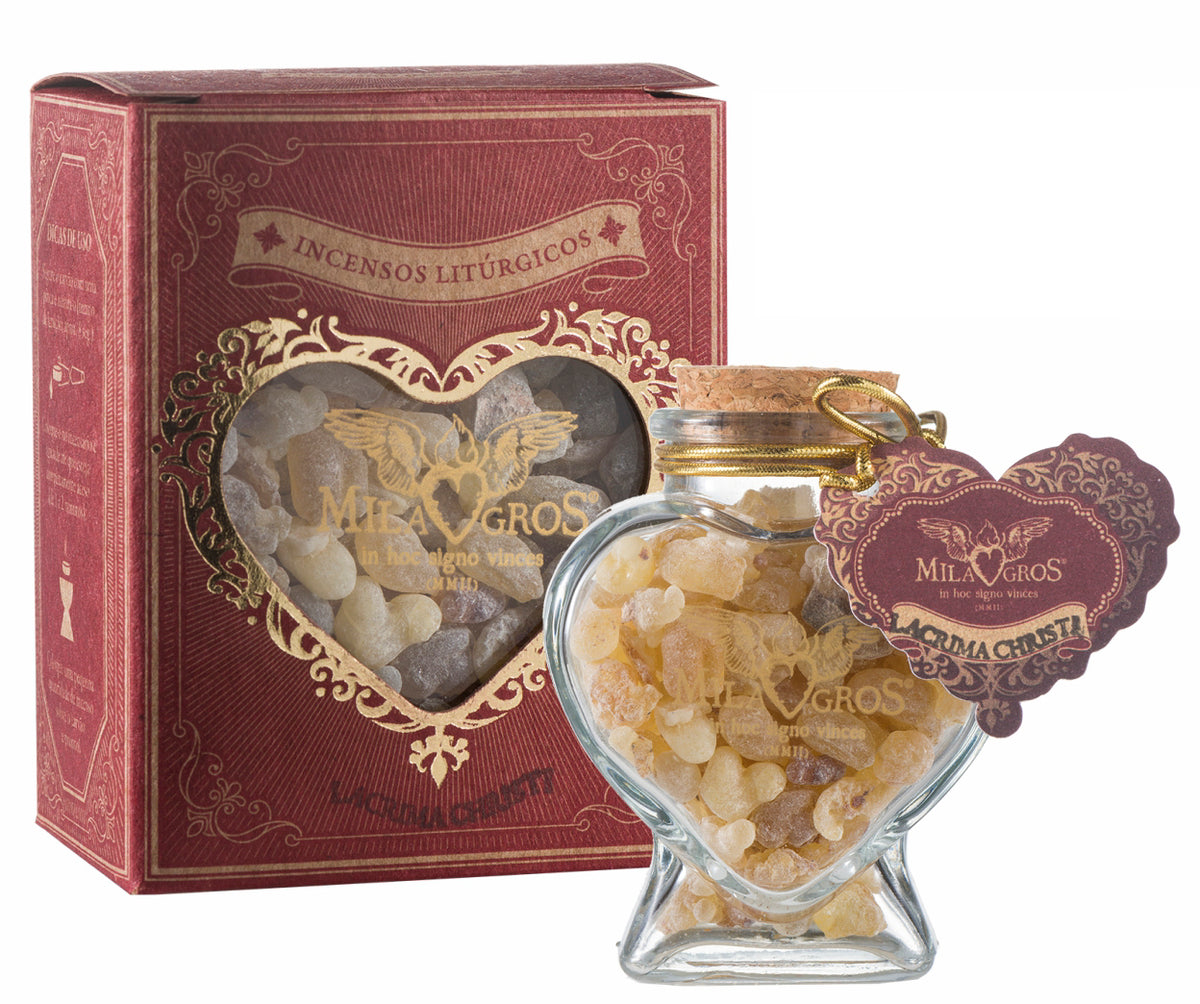 Heart-shaped Cuore glass jar (47g) of Milagros Olibanum Lacrima Christi resin incense with cork stopper and gift box.