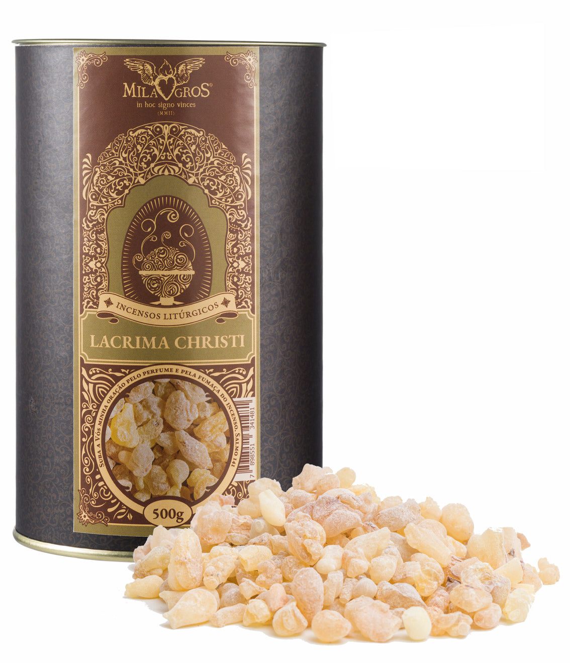 500g canister of Milagros Olibanum Lacrima Christi resin incense beside a pile of resin grains.