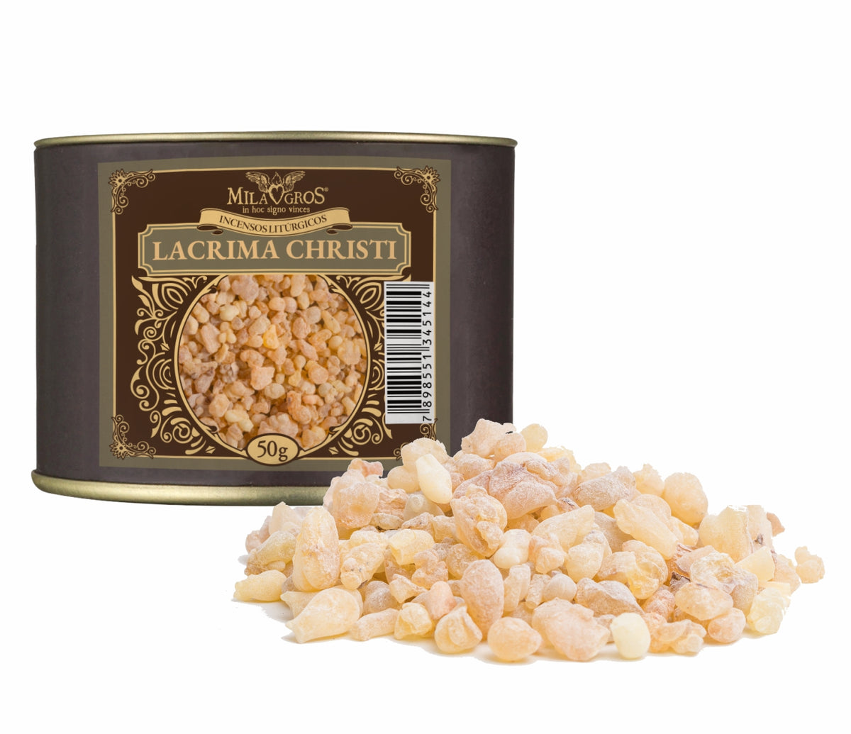 50g canister of Milagros Olibanum Lacrima Christi resin incense beside a pile of resin grains.