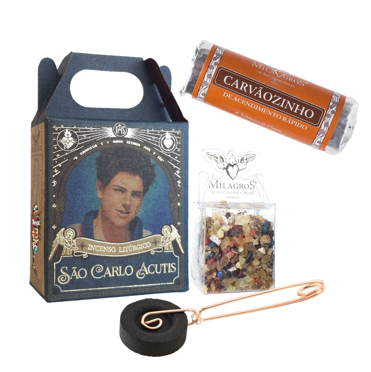 Saint Carlo Acutis Mini Kit — complete contents arranged for display