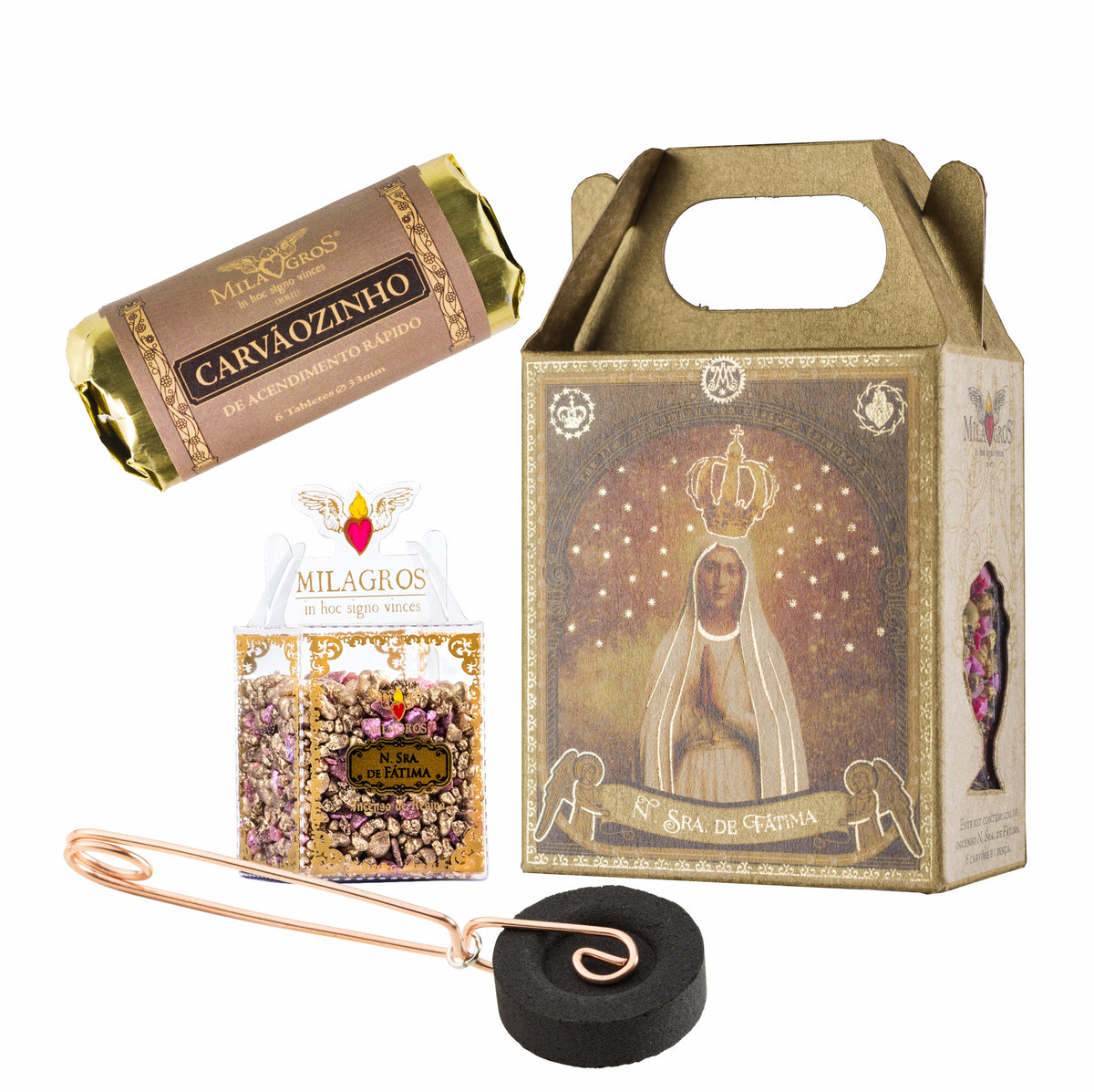 Our Lady of Fatima Mini Kit — complete contents arranged for display (view 2)