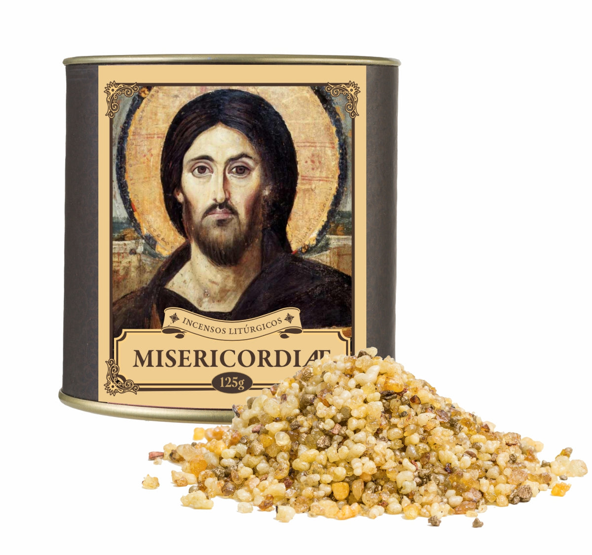 125g canister of Milagros Misericordiae resin incense beside a pile of resin grains.