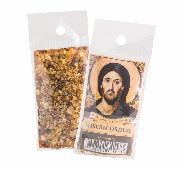 9g sachet of Milagros Misericordiae resin incense, shown front and back with devotional label.