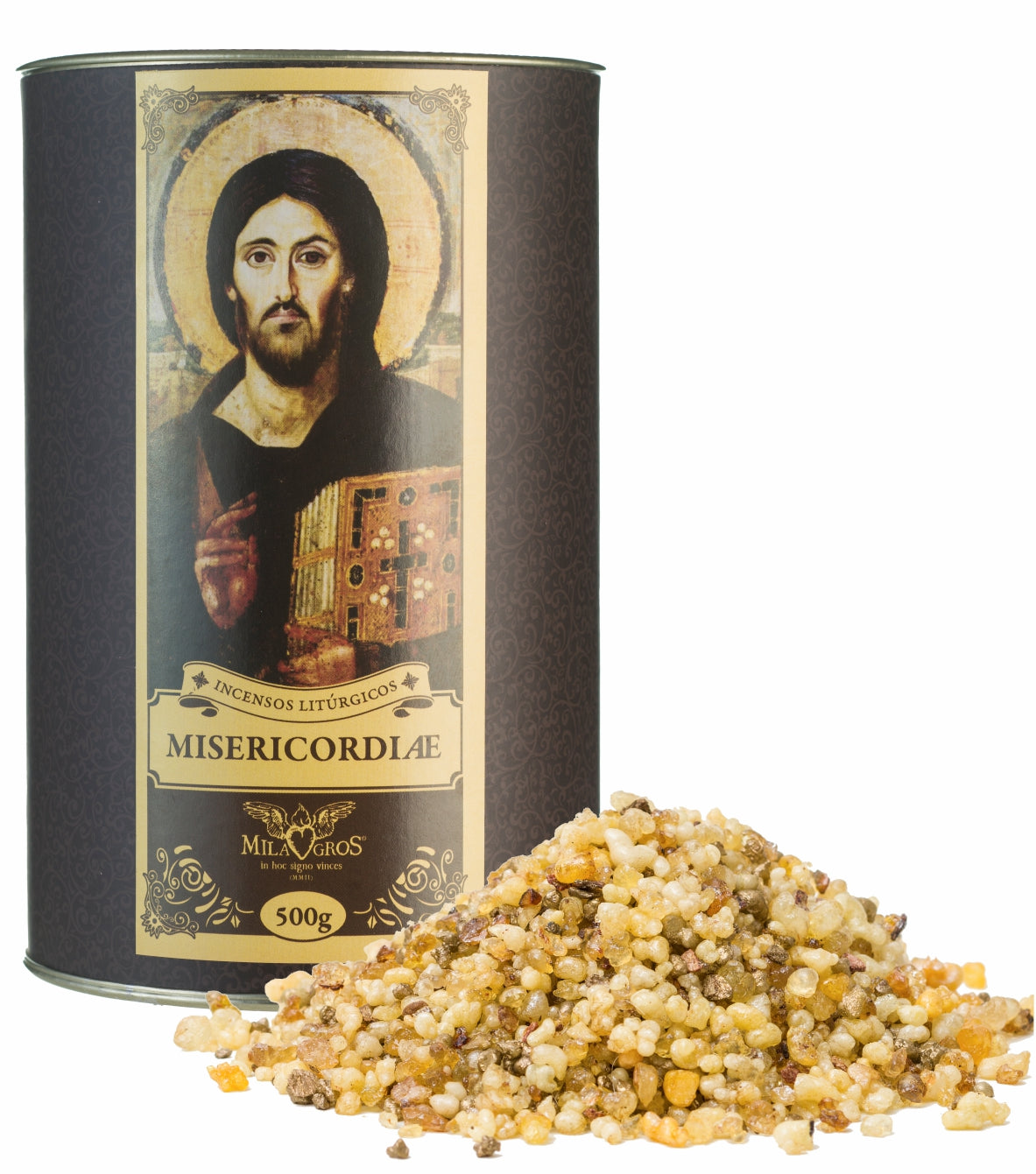 500g canister of Milagros Misericordiae resin incense beside a pile of resin grains.