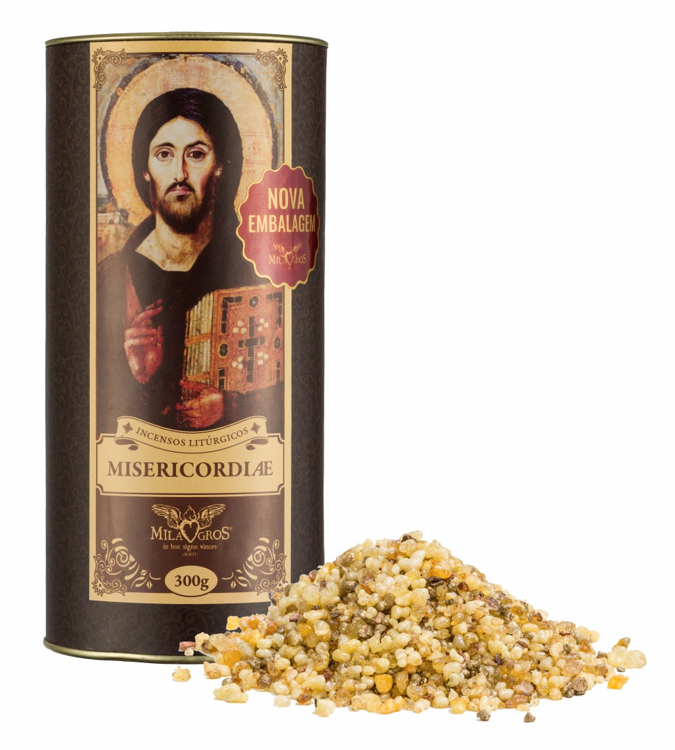 300g canister of Milagros Misericordiae resin incense beside a pile of resin grains.