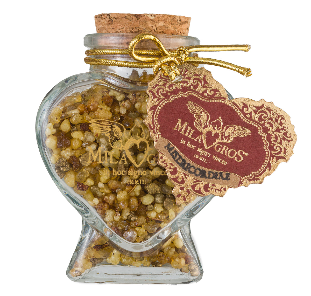 Heart-shaped Cuore glass jar (47g) of Milagros Misericordiae resin incense with cork stopper and gift box.