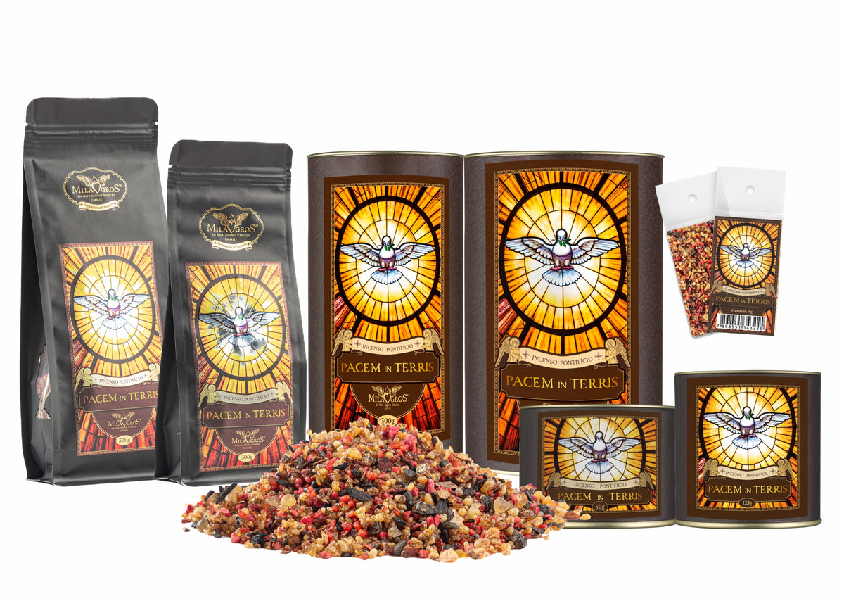 Milagros Pacem in Terris resin incense range — 9g sachet to 500g canister, heart-shaped Cuore jar, kraft refill, and loose resin grains.