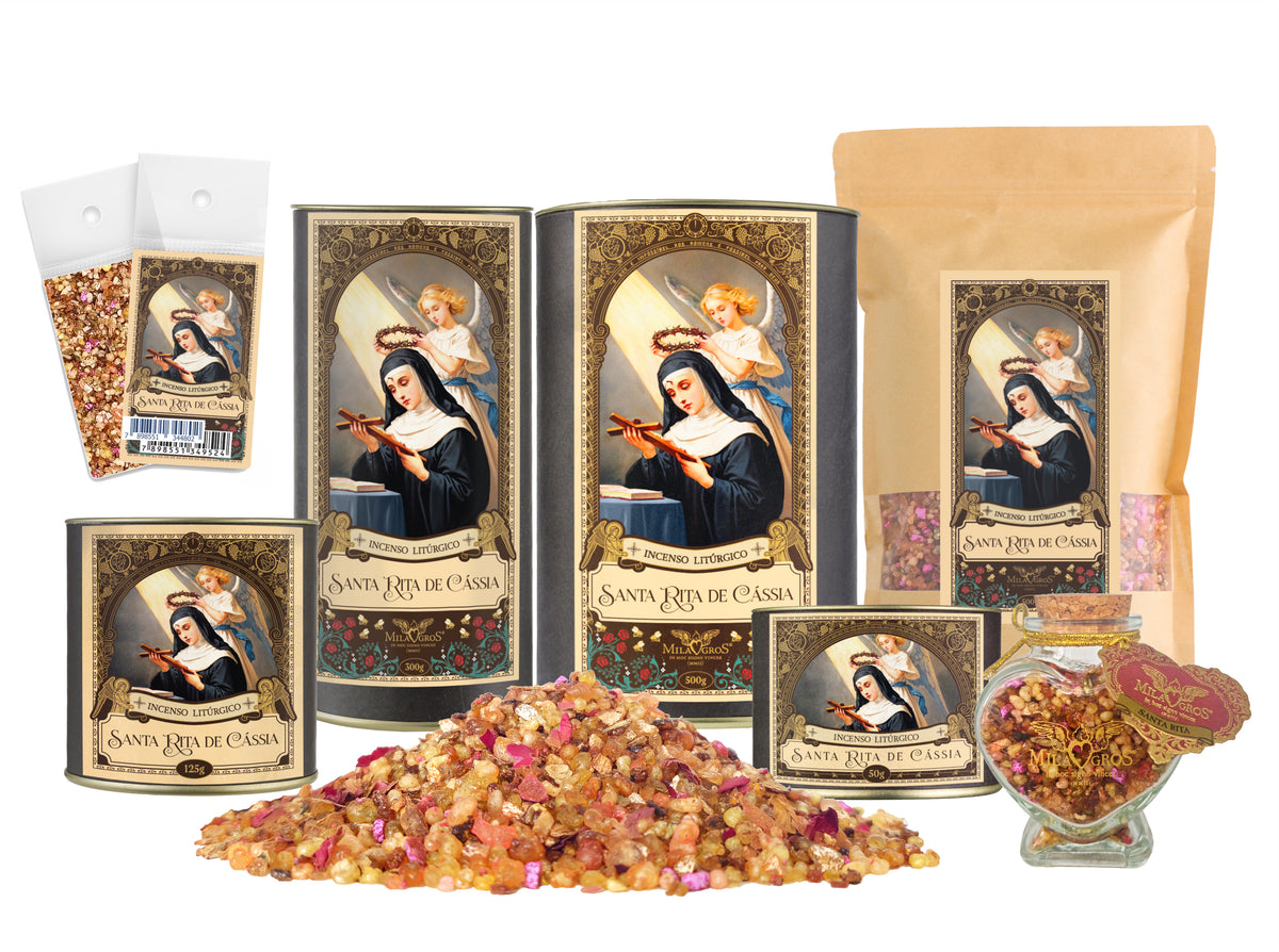 Milagros Saint Rita of Cascia resin incense range — 9g sachet to 500g canister, heart-shaped Cuore jar, kraft refill, and loose resin grains.