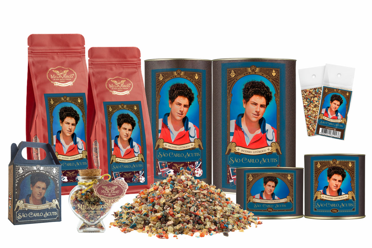 Milagros Saint Carlo Acutis resin incense range — 9g sachet to 500g canister, heart-shaped Cuore jar, kraft refill, and loose resin grains.