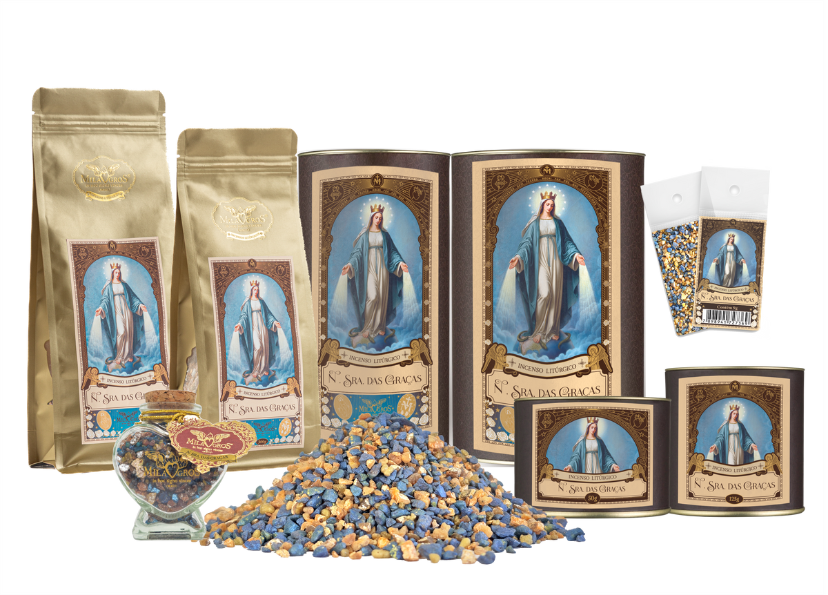 Milagros Our Lady of Graces resin incense range — 9g sachet to 500g canister, heart-shaped Cuore jar, kraft refill, and loose resin grains.