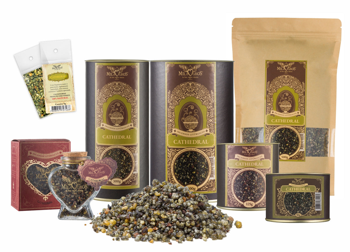 Milagros Cathedral resin incense range — 9g sachet to 500g canister, heart-shaped Cuore jar, kraft refill, and loose resin grains.