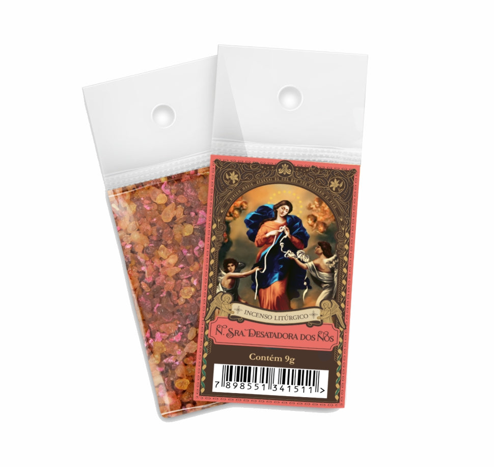 Milagros Our Lady Untier of Knots resin incense range — 9g sachet to 500g canister, heart-shaped Cuore jar, kraft refill, and loose resin grains.