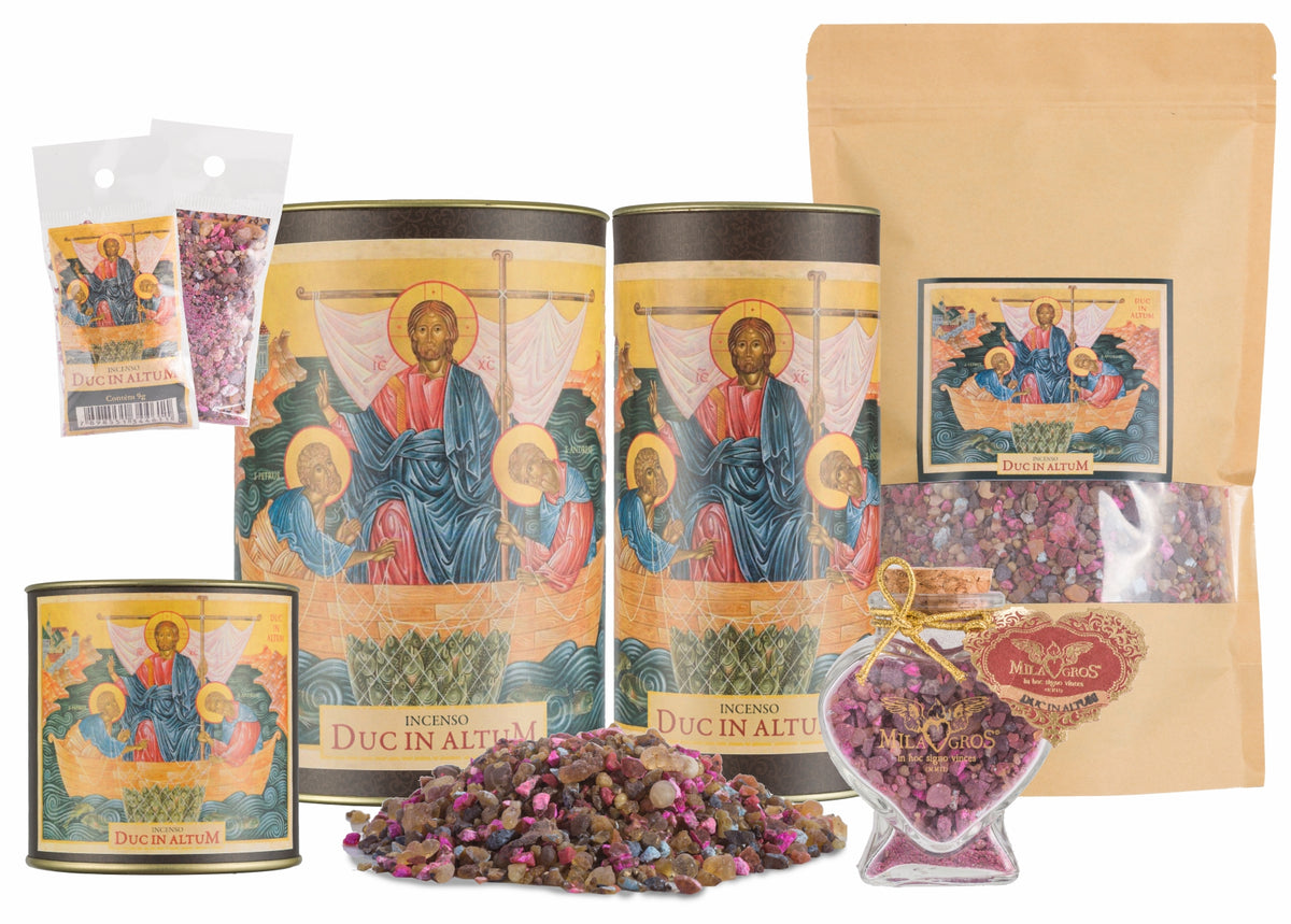 Milagros Duc in Altum resin incense range — 9g sachet to 500g canister, heart-shaped Cuore jar, kraft refill, and loose resin grains.