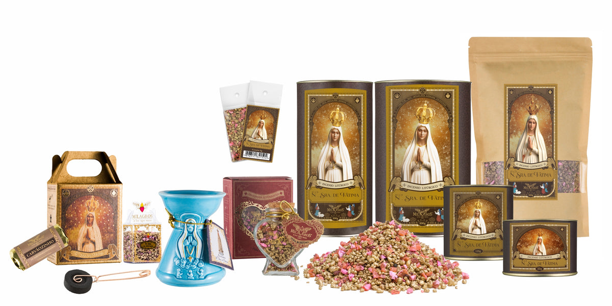 Milagros Our Lady of Fatima resin incense range — 9g sachet to 500g canister, heart-shaped Cuore jar, kraft refill, and loose resin grains.