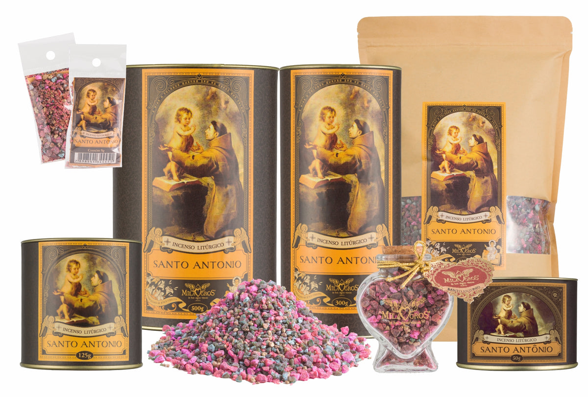 Milagros Saint Anthony resin incense range — 9g sachet to 500g canister, heart-shaped Cuore jar, kraft refill, and loose resin grains.