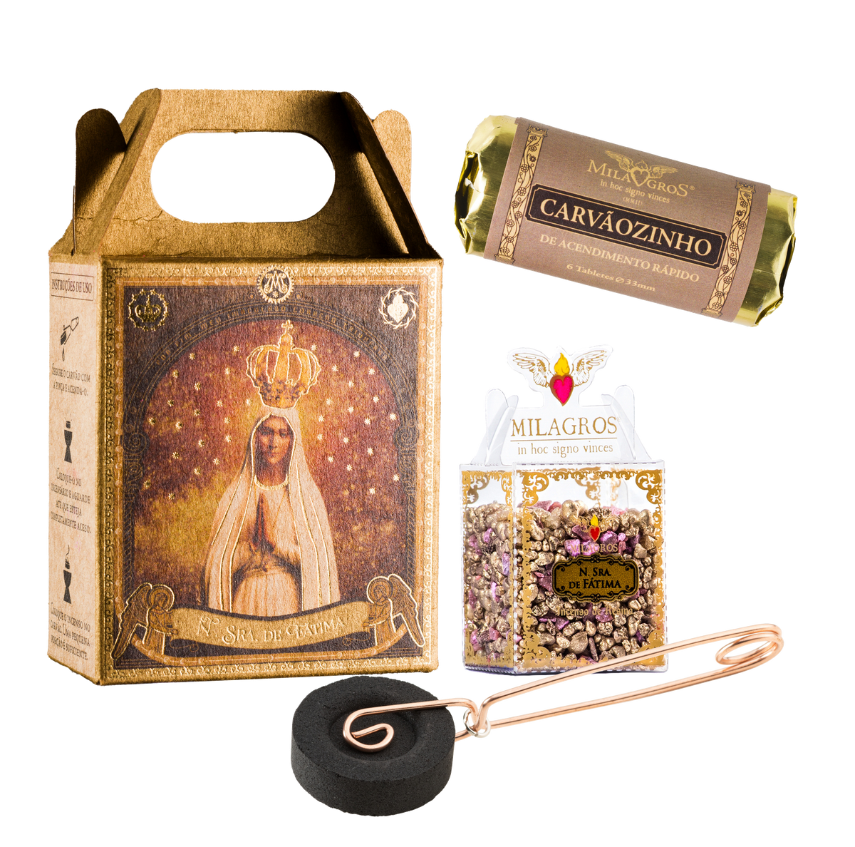 Our Lady of Fatima Mini Kit — complete contents arranged for display (view 1)