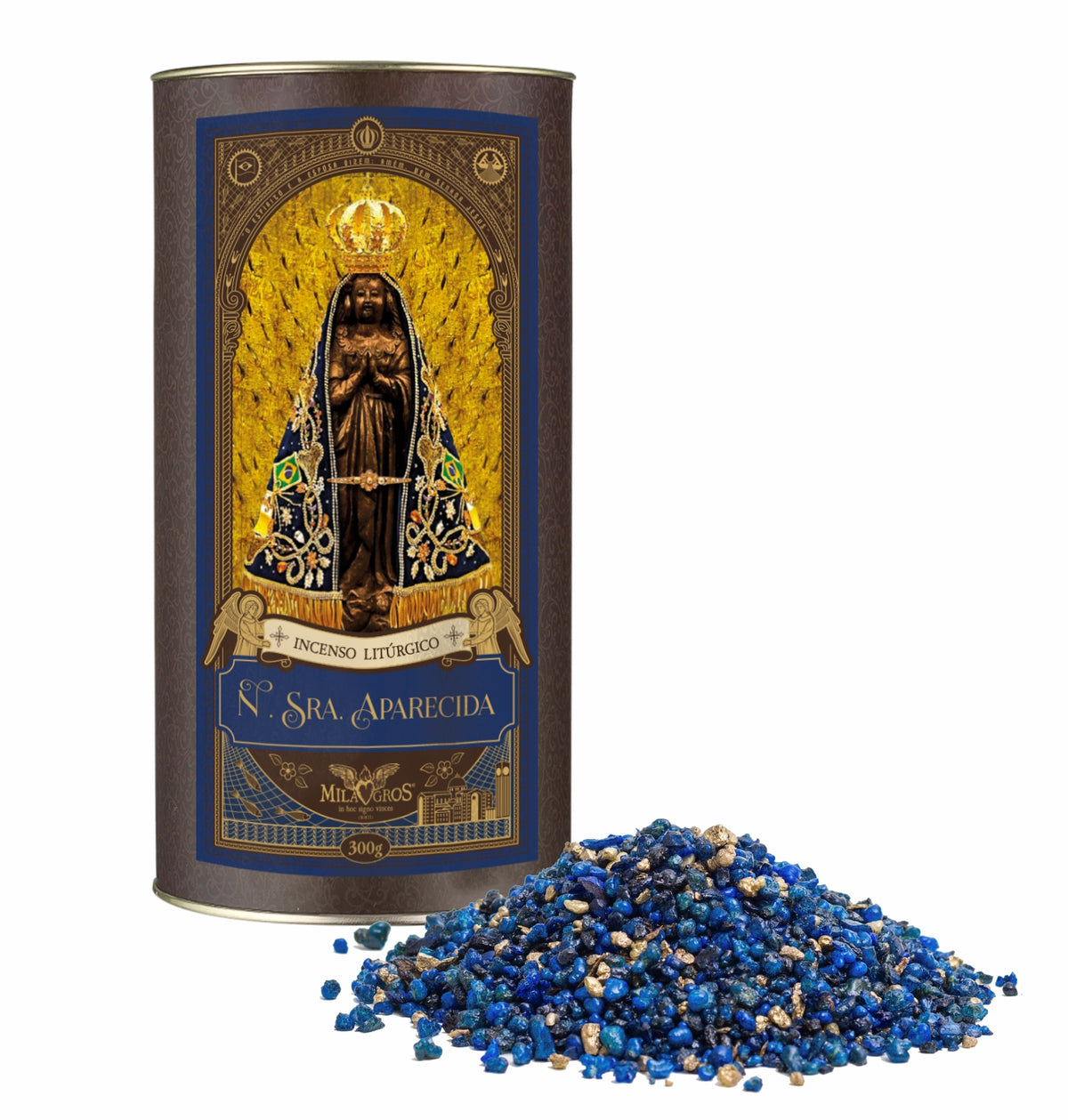 300g canister of Milagros Our Lady Aparecida resin incense beside a pile of resin grains.