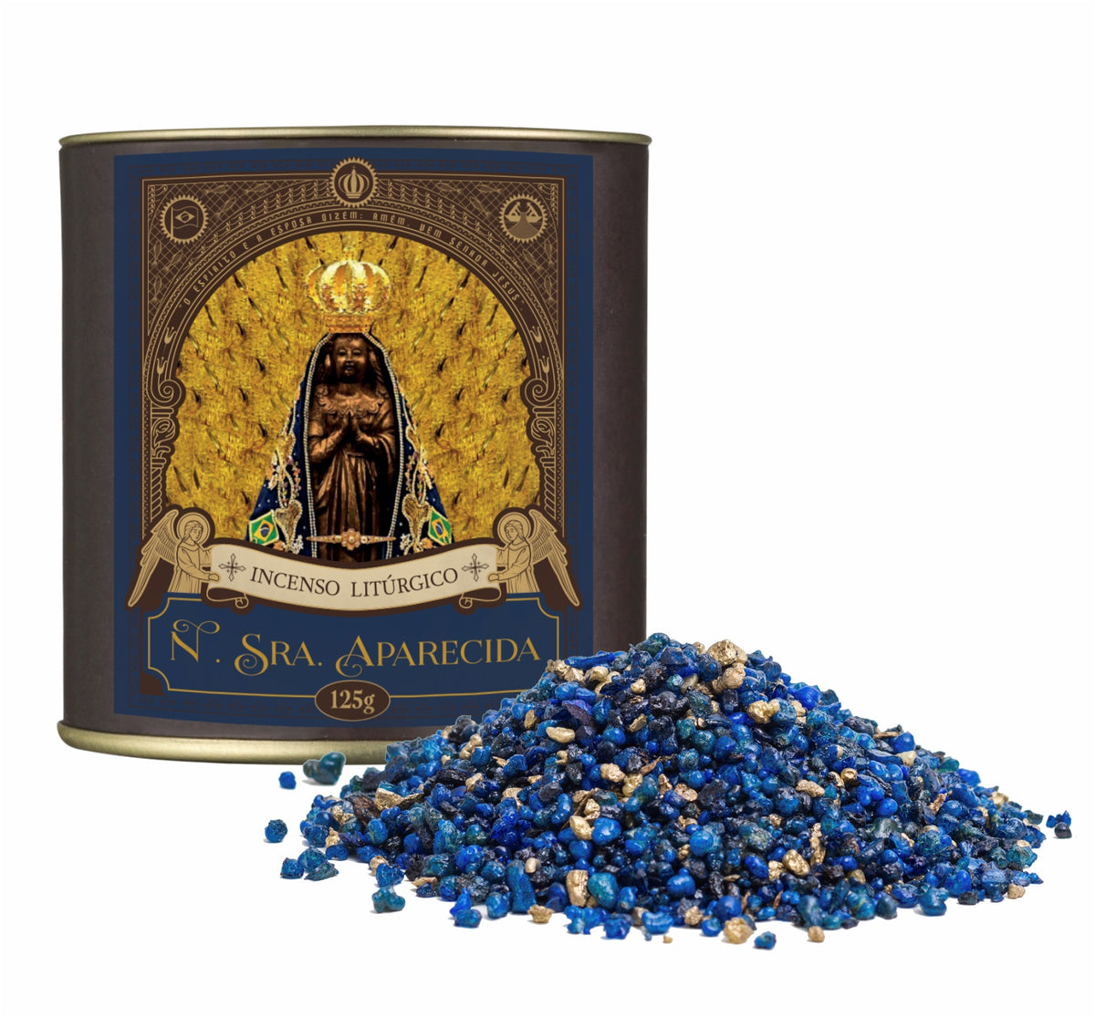 125g canister of Milagros Our Lady Aparecida resin incense beside a pile of resin grains.