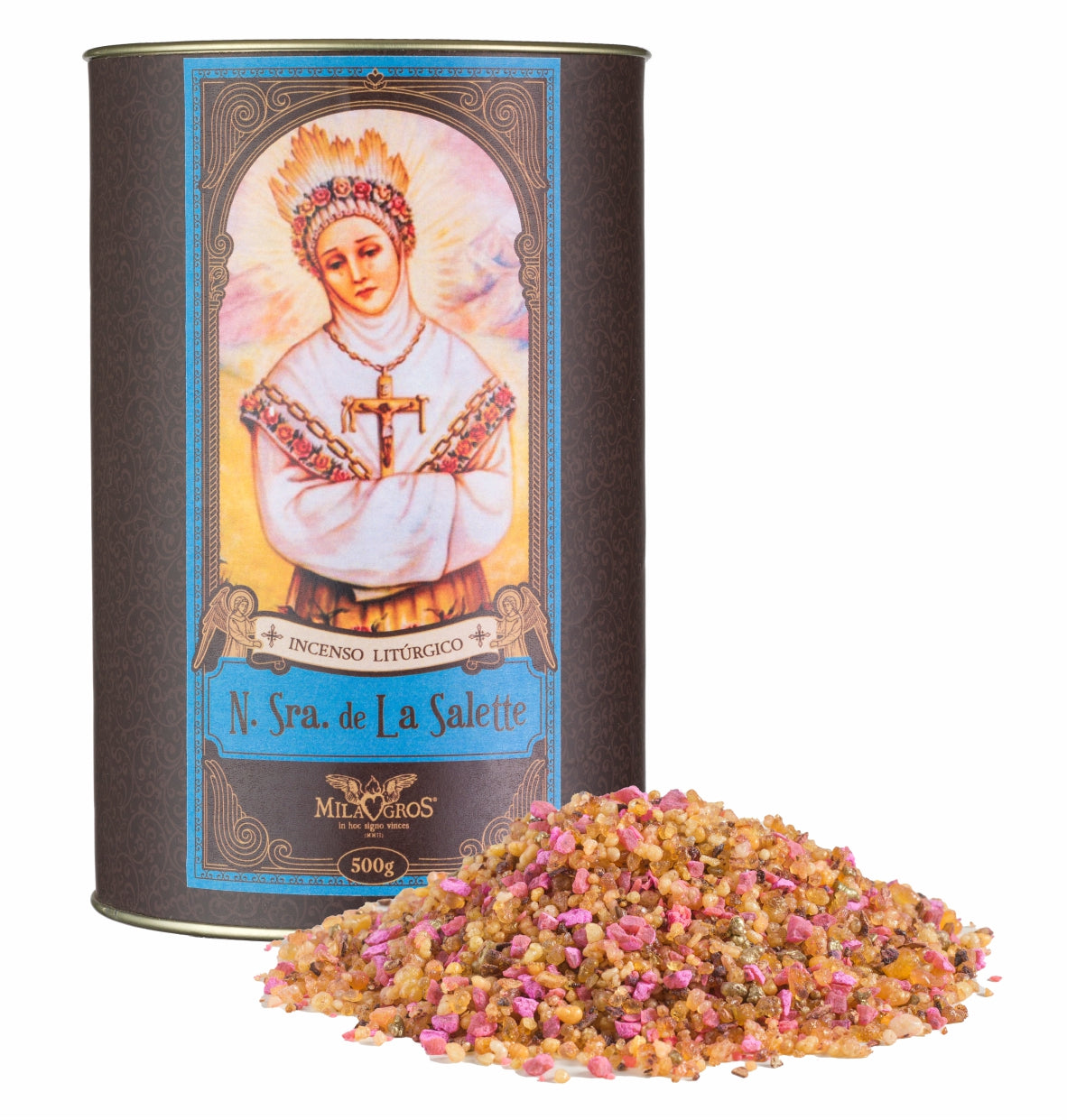 500g canister of Milagros Our Lady of La Salette resin incense beside a pile of resin grains.