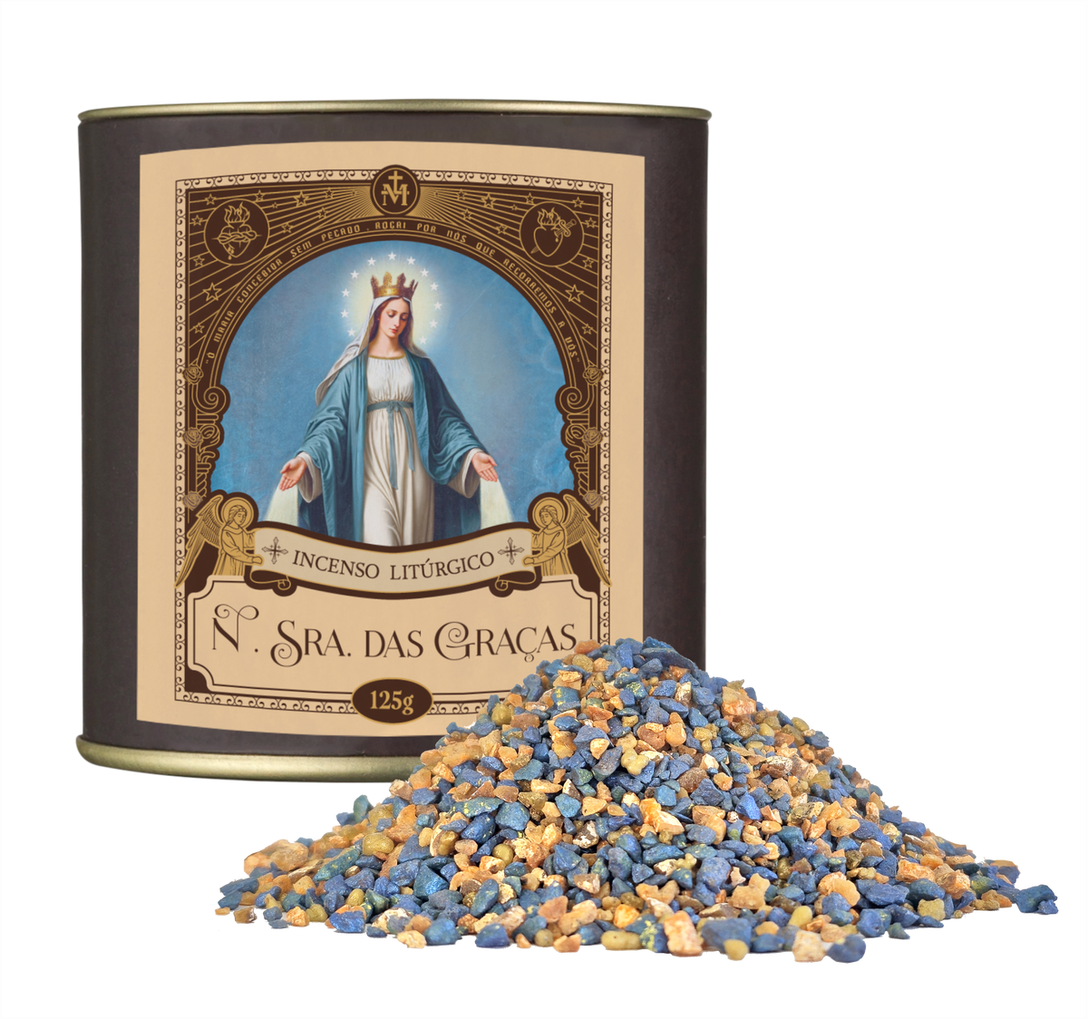125g canister of Milagros Our Lady of Graces resin incense beside a pile of resin grains.