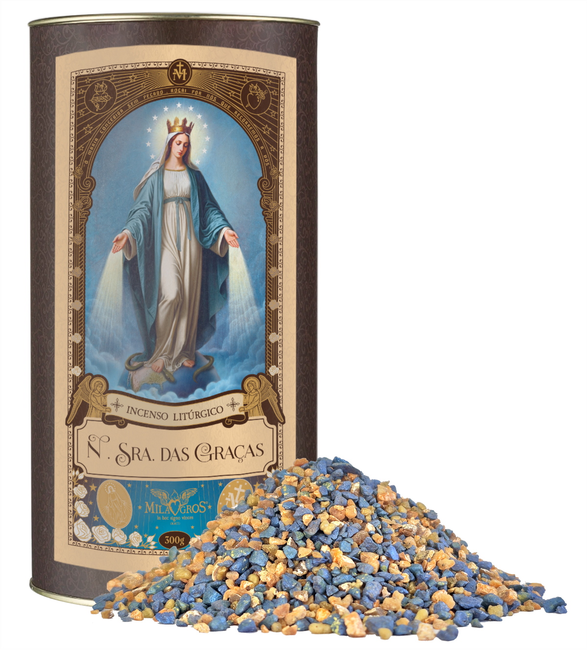 300g canister of Milagros Our Lady of Graces resin incense beside a pile of resin grains.