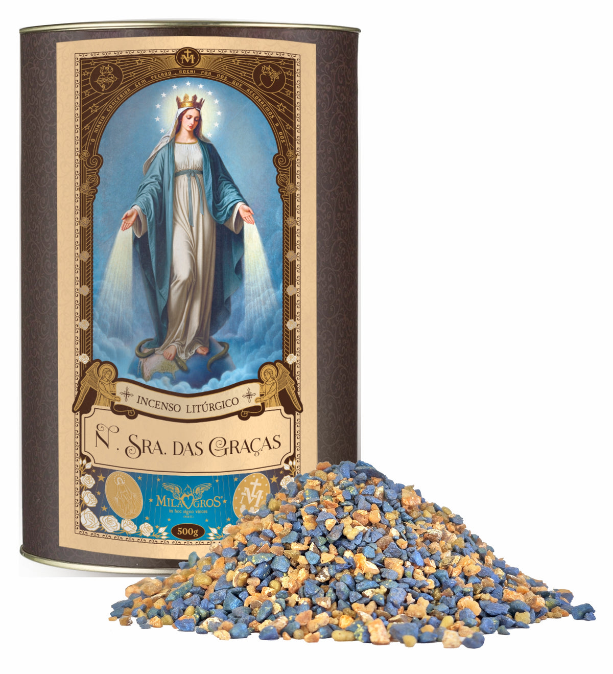 500g canister of Milagros Our Lady of Graces resin incense beside a pile of resin grains.