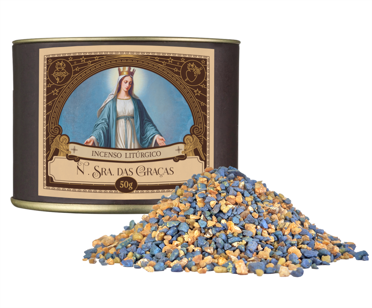 50g canister of Milagros Our Lady of Graces resin incense beside a pile of resin grains.