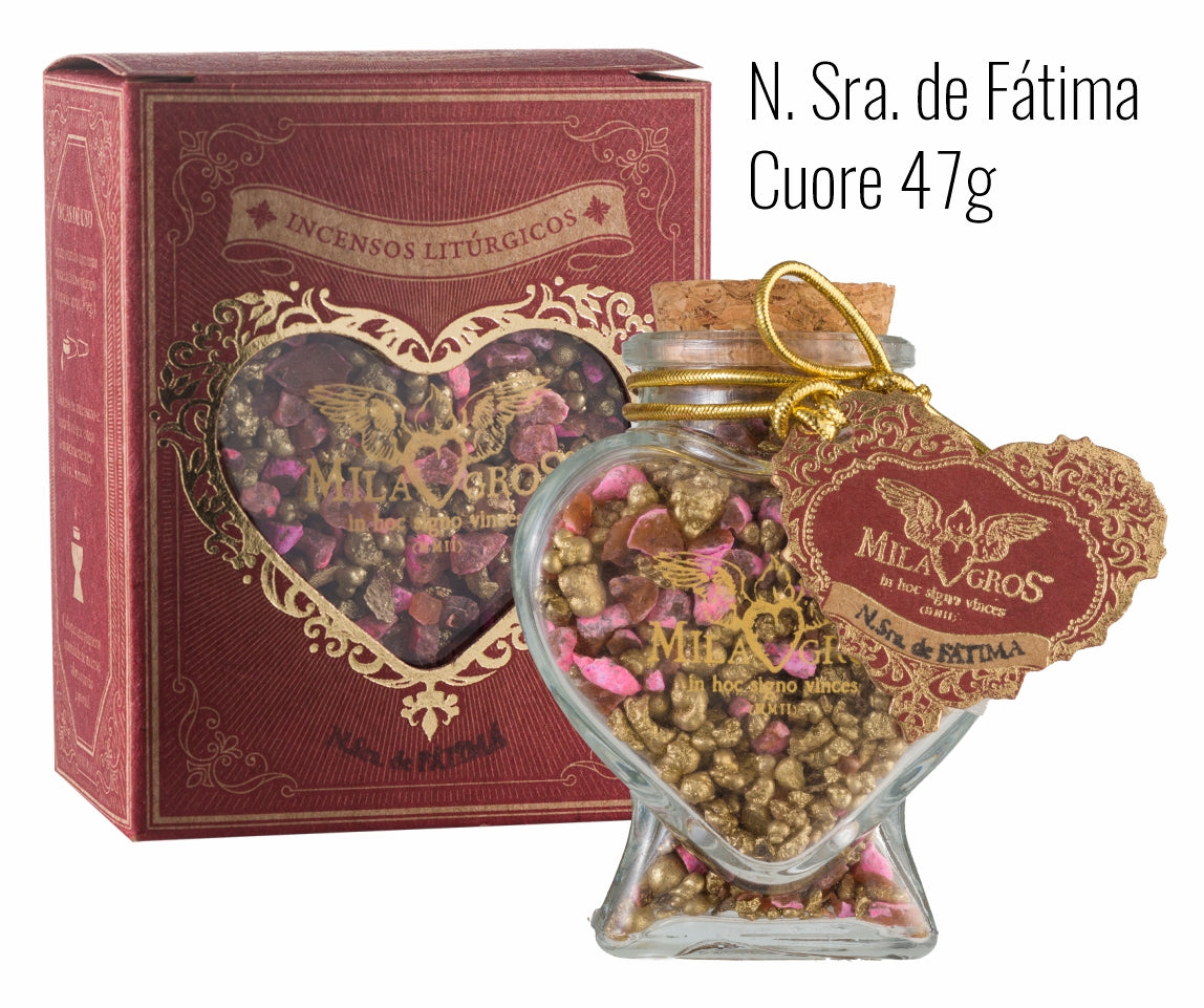 Heart-shaped Cuore glass jar (47g) of Milagros Our Lady of Fatima resin incense with cork stopper and gift box.