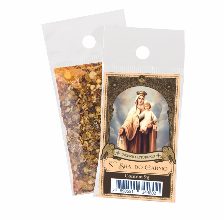 9g sachet of Milagros Our Lady of Mount Carmel resin incense, shown front and back with Carmelite scapular label.