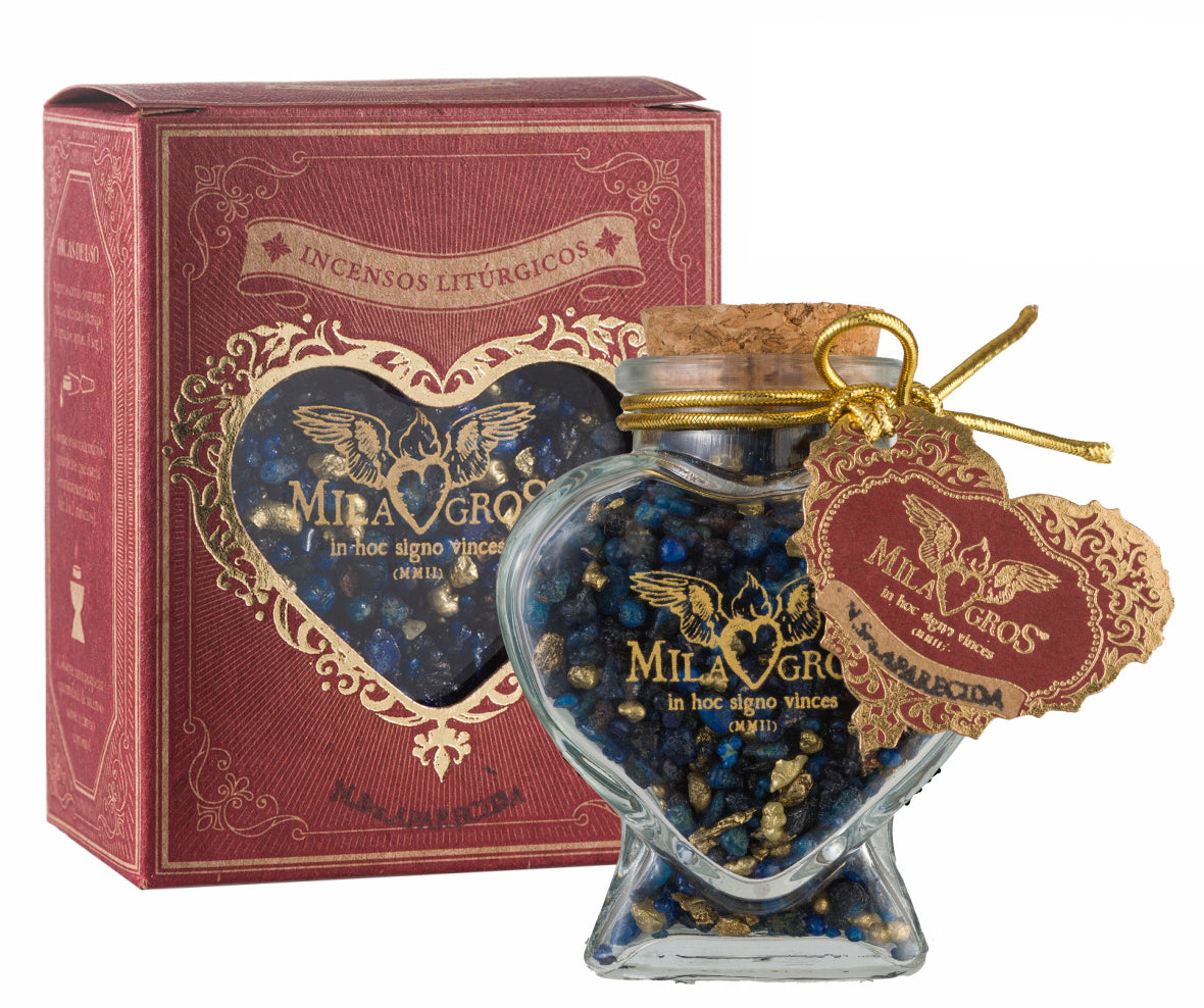 Heart-shaped Cuore glass jar (47g) of Milagros Our Lady Aparecida resin incense with cork stopper and gift box.
