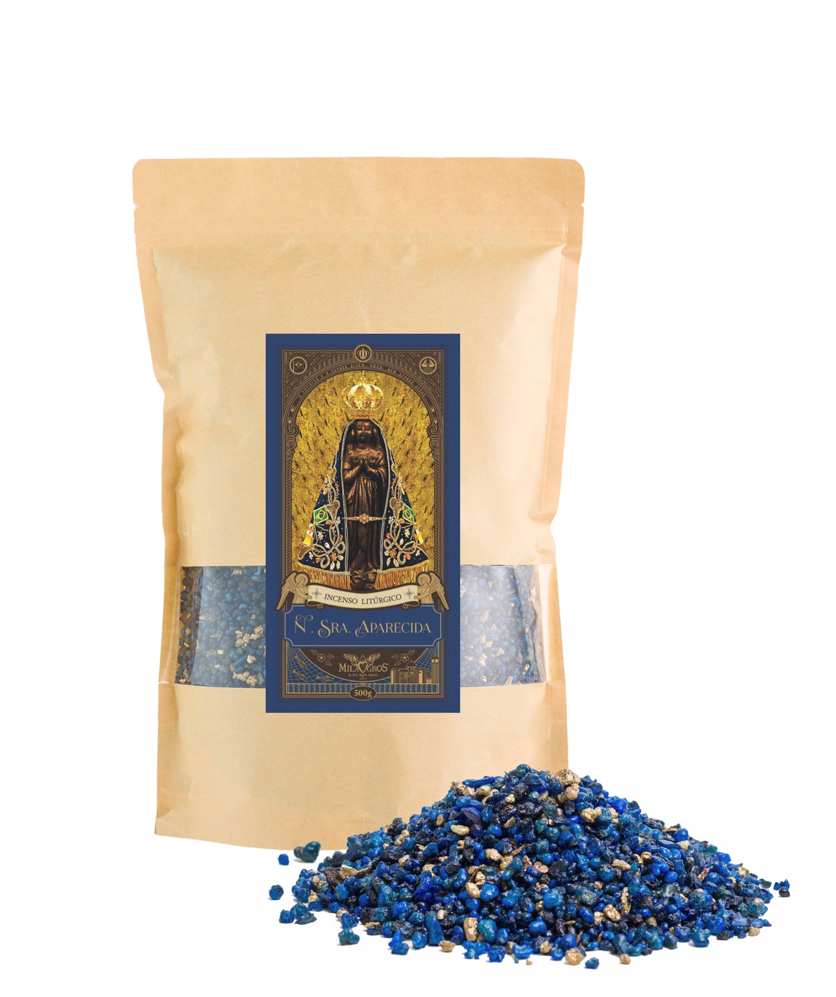 500g kraft refill pouch of Milagros Our Lady Aparecida resin incense — Marian devotional blends.