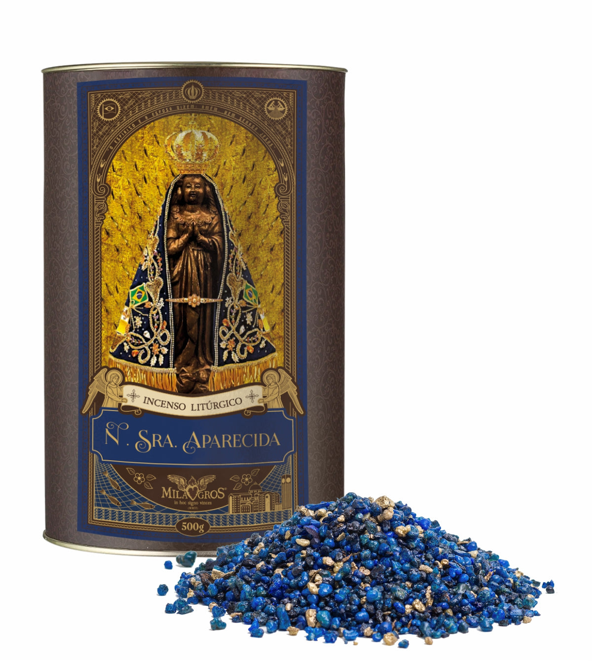 500g canister of Milagros Our Lady Aparecida resin incense beside a pile of resin grains.