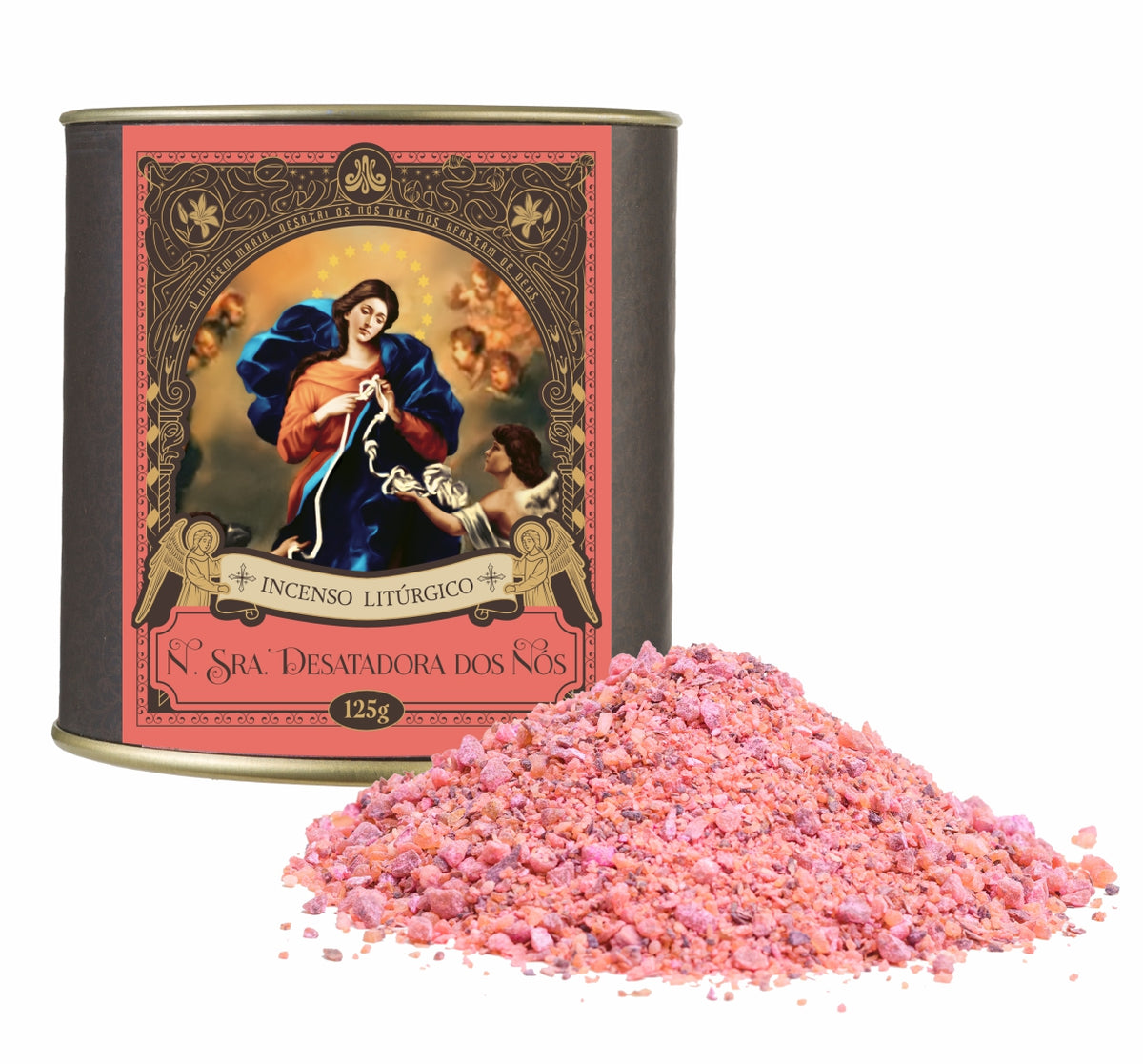 125g canister of Milagros Our Lady Untier of Knots resin incense beside a pile of resin grains.