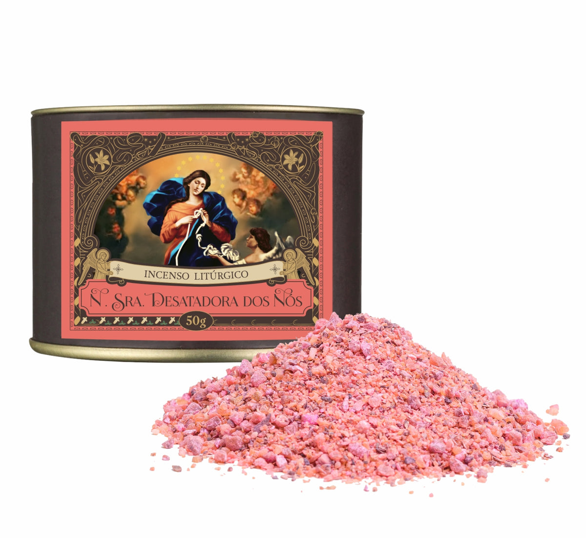 50g canister of Milagros Our Lady Untier of Knots resin incense beside a pile of resin grains.