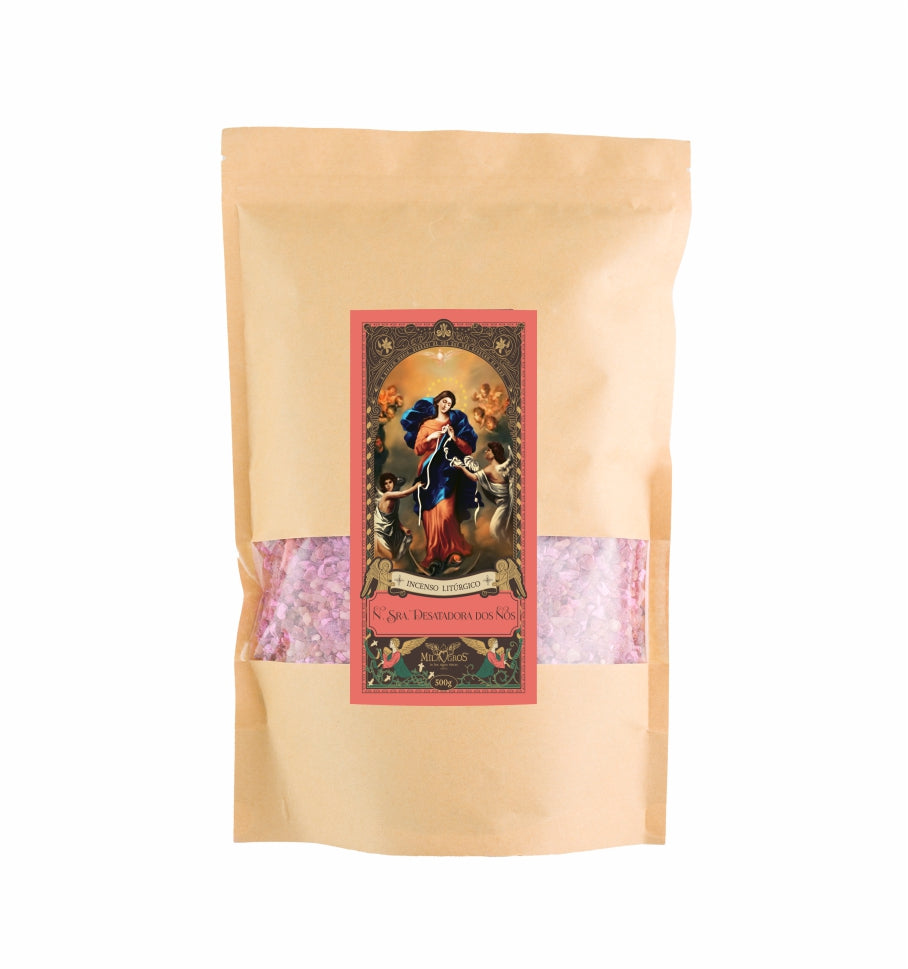 500g kraft refill pouch of Milagros Our Lady Untier of Knots resin incense — rose and intense Franciscan incense.