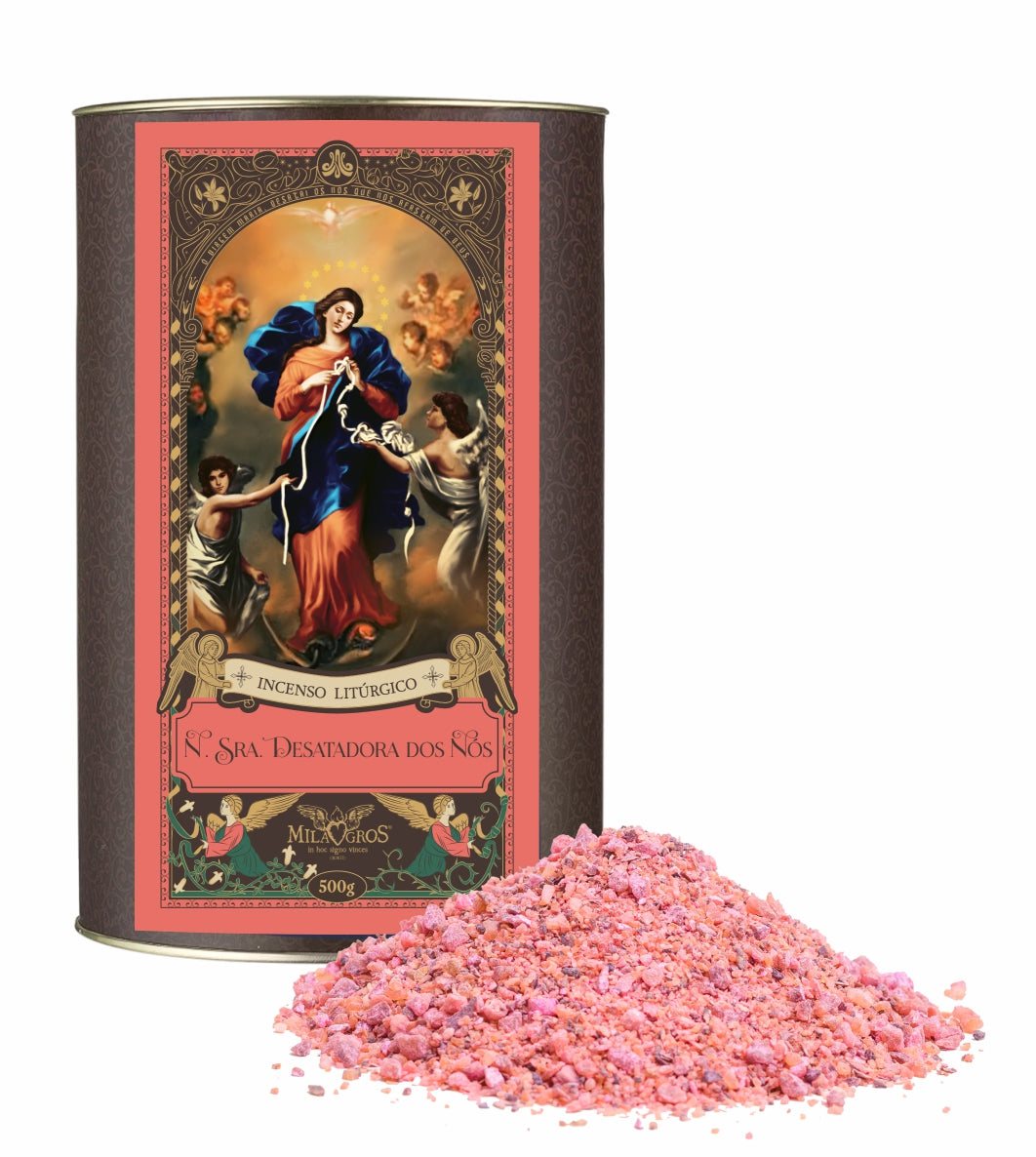 Loose resin grains of Milagros Our Lady Untier of Knots incense — rose and intense Franciscan incense.