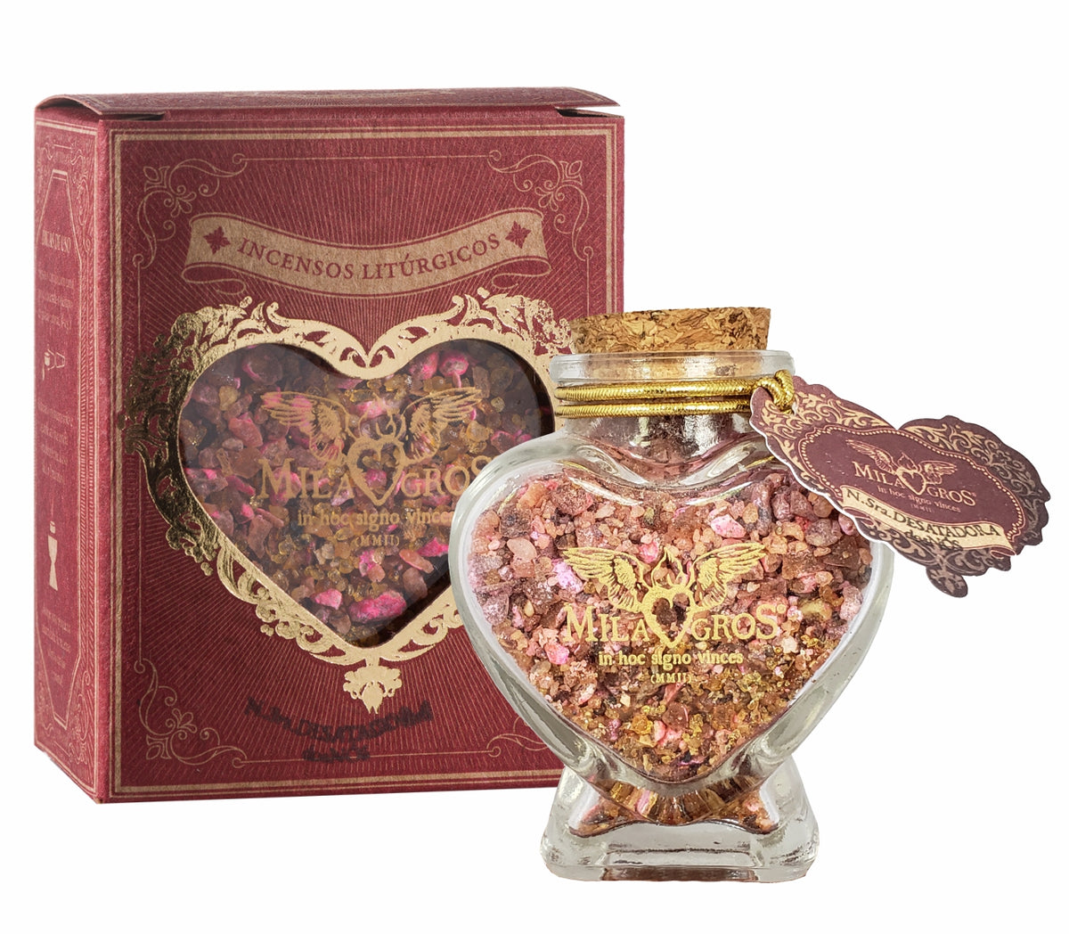 Heart-shaped Cuore glass jar (47g) of Milagros Our Lady Untier of Knots resin incense with cork stopper and gift box.