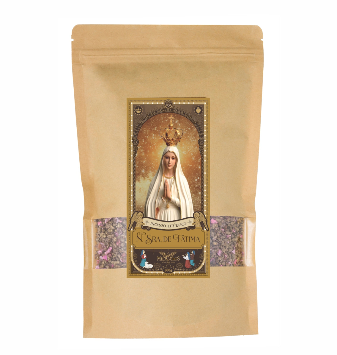 500g kraft refill pouch of Milagros Our Lady of Fatima resin incense — Marian devotional blends.