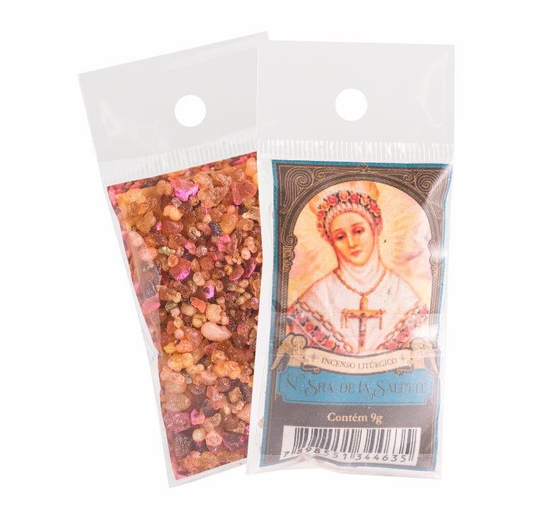 9g sachet of Milagros Our Lady of La Salette resin incense, shown front and back with devotional label.