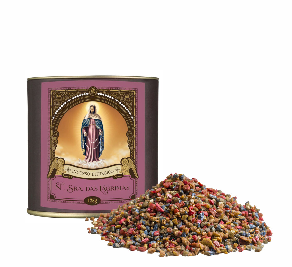125g canister of Milagros Our Lady of Tears resin incense beside a pile of resin grains.