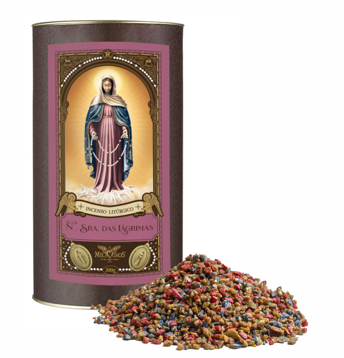 300g canister of Milagros Our Lady of Tears resin incense beside a pile of resin grains.