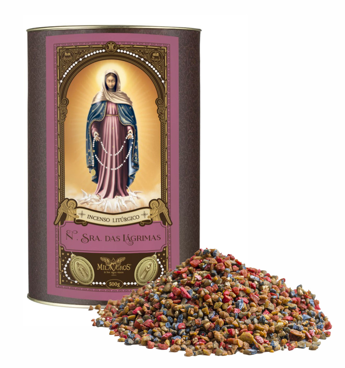 500g canister of Milagros Our Lady of Tears resin incense beside a pile of resin grains.