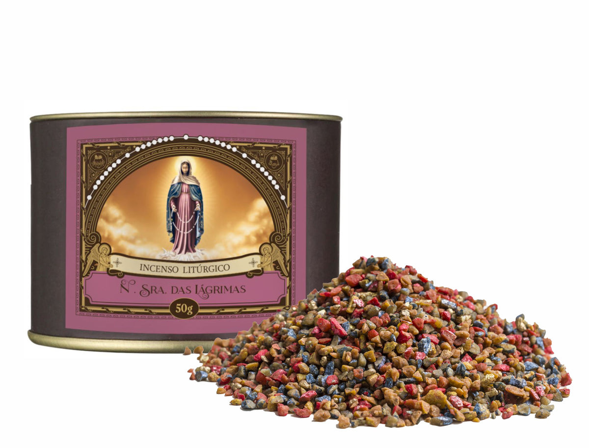 50g canister of Milagros Our Lady of Tears resin incense beside a pile of resin grains.