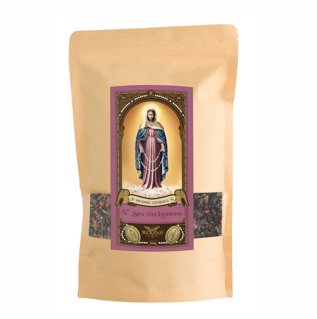 500g kraft refill pouch of Milagros Our Lady of Tears resin incense — lavender and refined essential oils.