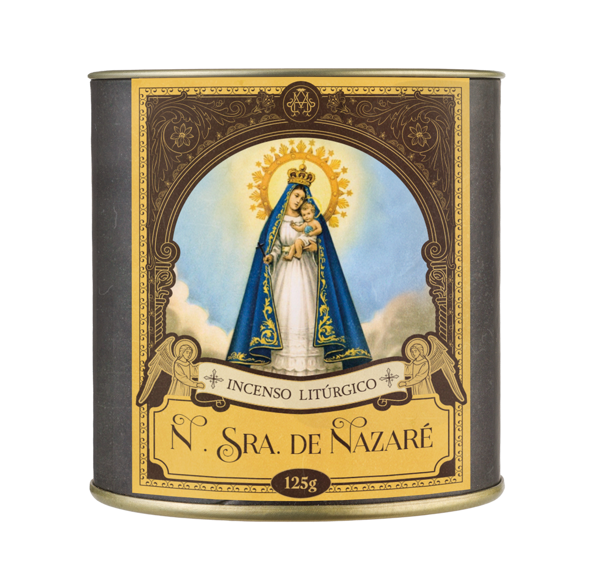 125g canister of Milagros Our Lady of Nazareth resin incense beside a pile of resin grains.