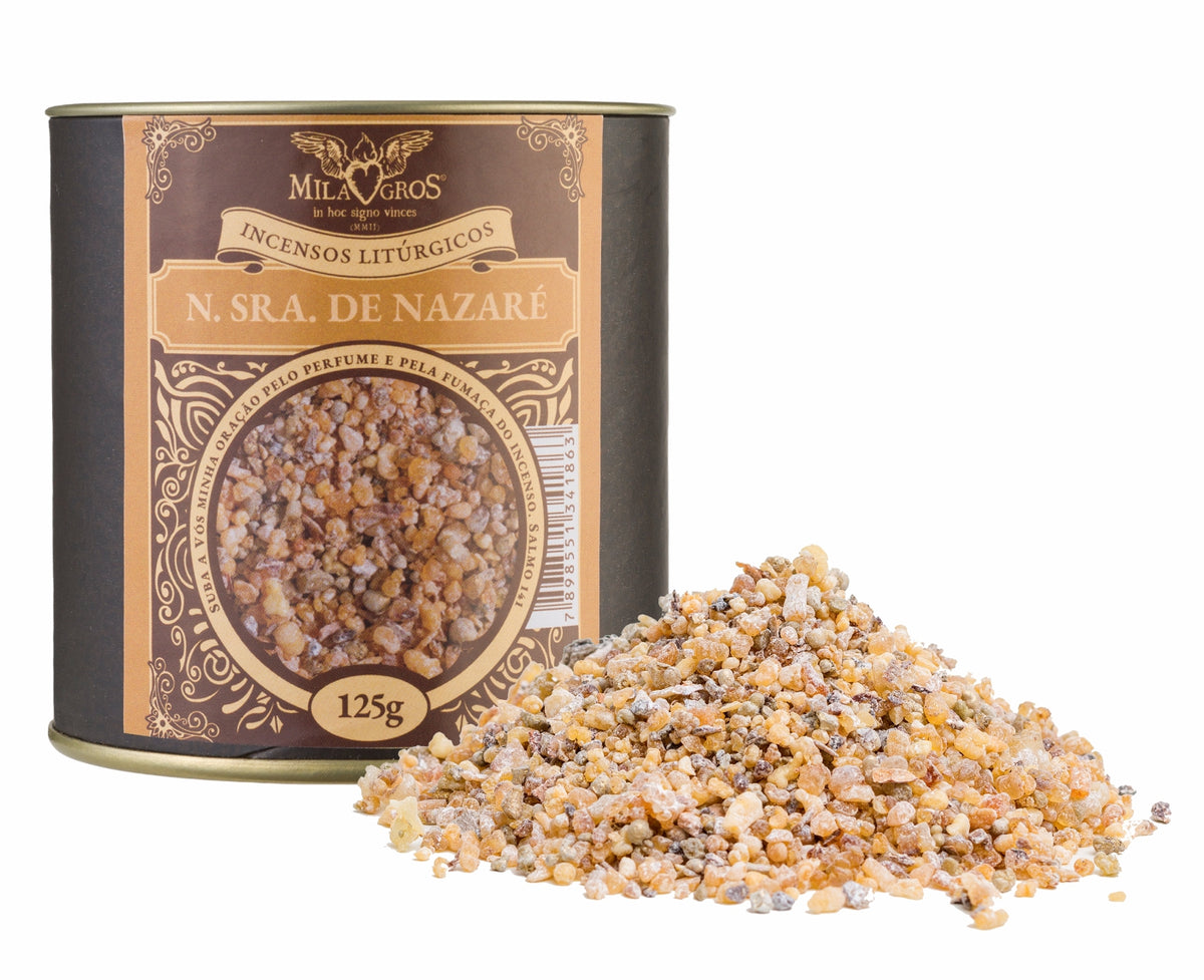 125g canister of Milagros Our Lady of Nazareth resin incense beside a pile of resin grains.