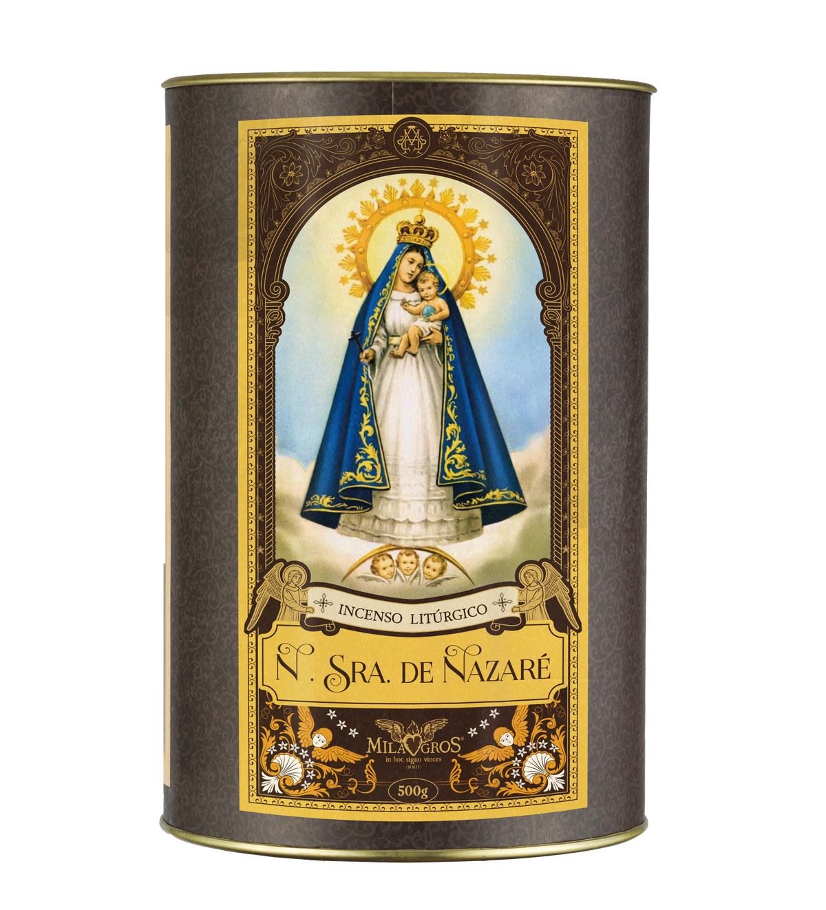 500g canister of Milagros Our Lady of Nazareth resin incense beside a pile of resin grains.