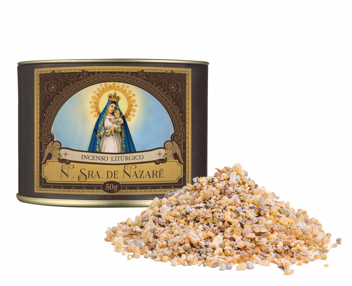 50g canister of Milagros Our Lady of Nazareth resin incense beside a pile of resin grains.