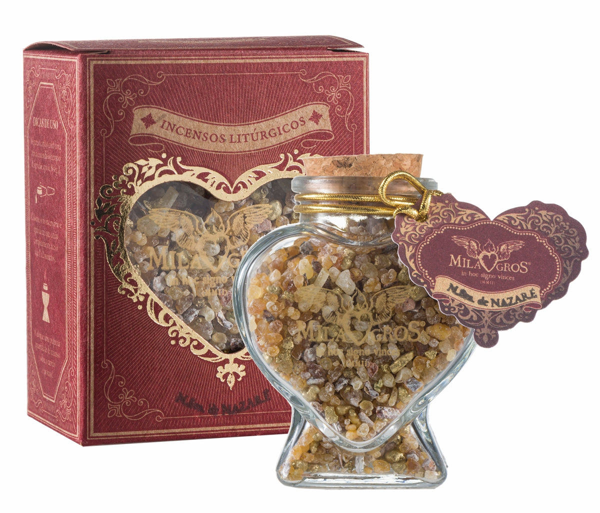 Heart-shaped Cuore glass jar (47g) of Milagros Our Lady of Nazareth resin incense with cork stopper and gift box.